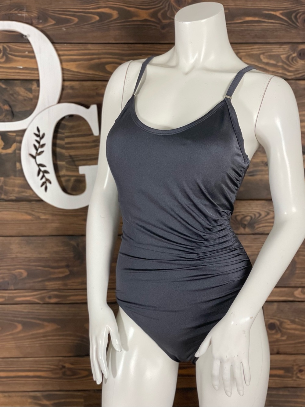 Calvin Klein | Metallic‎ Grey Ruched Pleated One-Piece Swimsuit Scoop Neckline